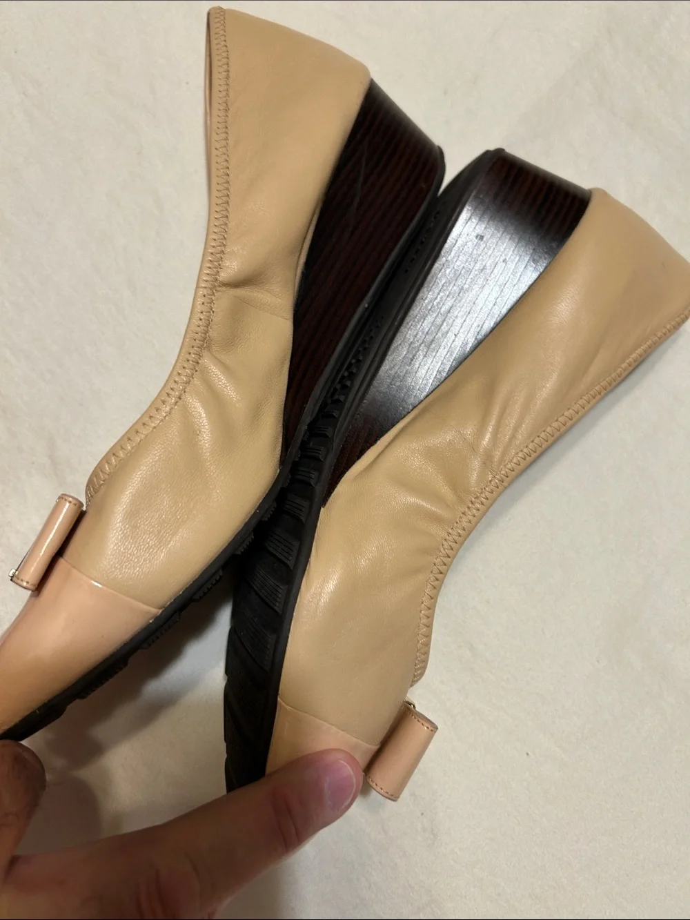 Cole Haan Beige Patent Leather Ballet Flats with Bow Accent